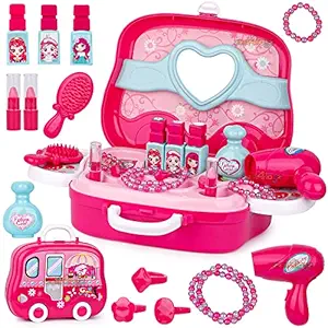 zest 4 toyz Beauty Makeup Kit for Doll Girls Pretend Play Cosmetic Set with Mirror Hair Dryer & Makeup Accessories Portable Role Play for Kids Girls - Pink ( 19 Piece)