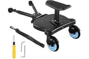 MICADDY Portable Buggy Board with Seat, Universal Kiddy Boards Pram Standing Board,Stable Two Wheel Design,360° Rotation,Pram Accessory for Children Baby from 2-6 Years Compartible with 99% Stroller Blue