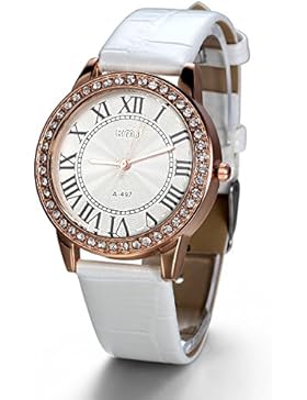 JewelryWe Damen Armbanduhr, Analog Quarz, Exquisite Leder Armband Uhr mit Strass Römischen Ziffern Zifferblatt...