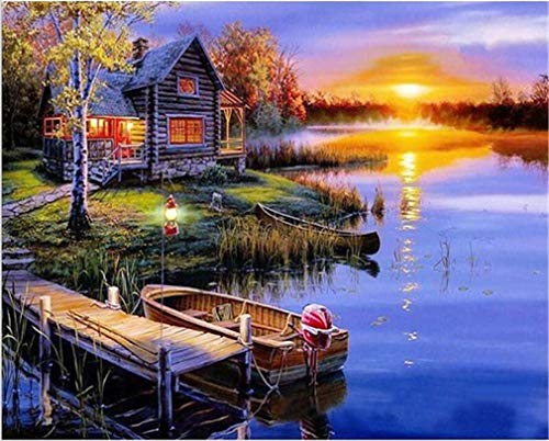 YEESAM ARTDIY Paint by Numbers for Adults Beginner Kids, Forest Sunset View & Lake House Boat 16x20 inch Linen Canvas Acrylic Stress Less Number Painting Gifts (Sunset, with Frame)