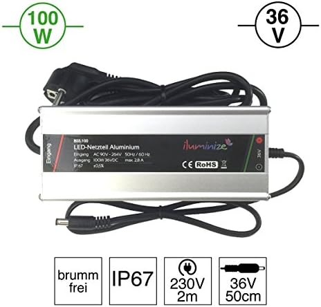 High Quality &amp; High Performance LED Adaptor Aluminium 36 V, 100 W, IP67, HUM Free, High Quality, with Power Supply 230 V, and 12 V Plugs