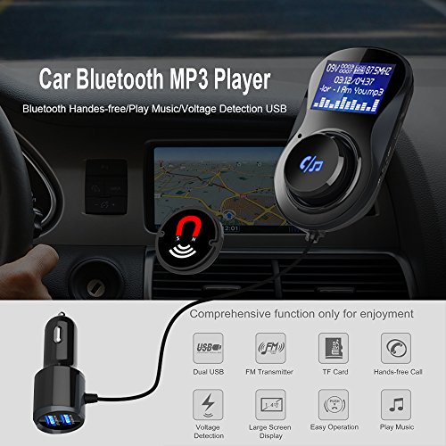 Trasmettitore FM Bluetooth 4.1, Caricabatteria da Auto con 2 Porte USB e Cavo 120cm, Bluetooth Radio Adattatore da Auto Kit, Chiamate Vivavoce, Supporta Carta TF, Caricatore USB per Smartphone, GPS, Lettori iPod, Altri Dispositivi Bluetooth