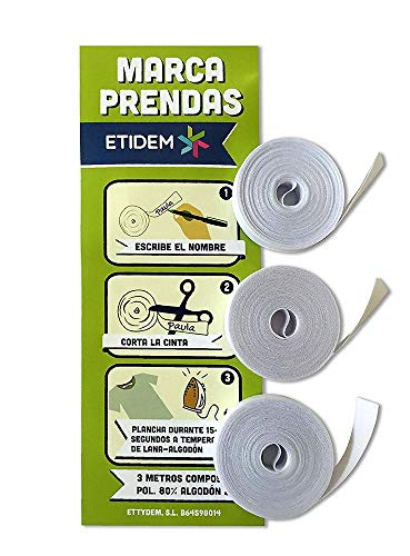 Haberdashery Online 3 Rollos DE Cinta DE 3 Metros X 1 CM Cada UNA Blanca. Etiqueta TERMOADHESIVA para Escribir EN BOLI. NO Incluye BOLÍGRAFO