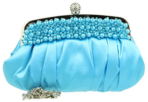Girly HandBags NEW Nude Beaded Pearls Clutch Bag Flowers Diamante Evening Bag Green Red Silver (Light Blue)