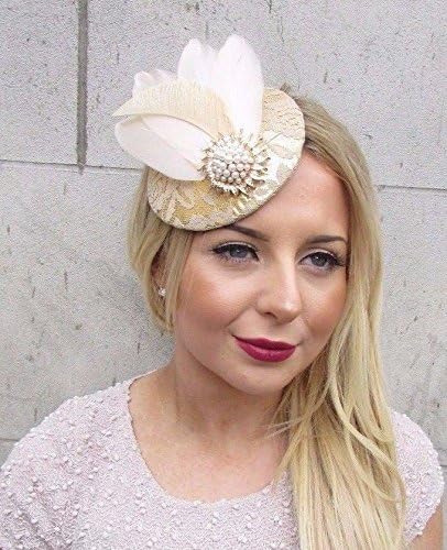 Cream Beige Gold Lace Feather Pillbox Hat Fascinator Hair Clip Vtg Races 2659 *EXCLUSIVELY SOLD BY STARCROSSED BOUTIQUE*
