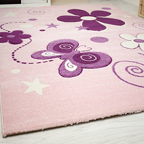Moderner Kinder Teppich handgeschnittene Konturen Sterne Blumen Schmetterlinge Farbe Pink Lila – VIMODA; Maße: 160×230 cm - 2
