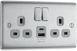 BRITISH GENERAL BG Electrical 12W Double Switched Power Wall Plug Socket with Type A and Type C USB Charging Ports, Nexus Metal, Brushed Steel, Grey Inserts, 13A, NBS22UAC12G