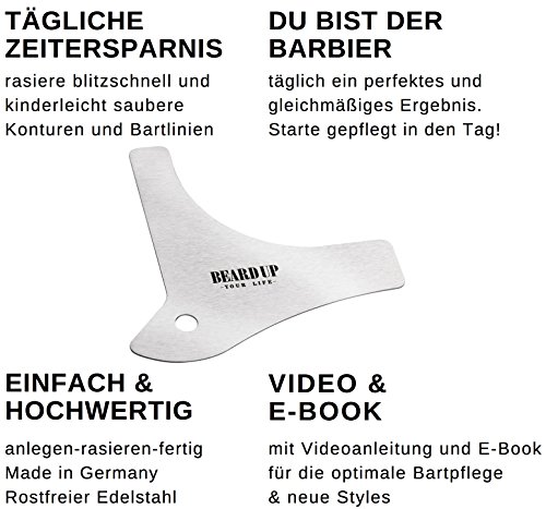 Premium Edelstahl Bart-Schablone | Rasur -Ergebnisse wie vom Barbier | Scharfe Konturen | symmetrischer Bart | Styling leicht gemacht | Vorlage für einfache Bartpflege | Made in Germany | simples rasieren u. trimmen der Bartlinie | Anleitungsvideo | Gratis E-Book - 2