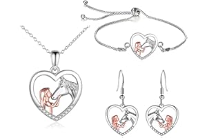 TOFBS Collar de Niña y Caballo Pendientes y pulsera Conjuntos de Joyas Plata Corazón Colgante Collar Juego de Joyas para Mujer y Niñas Novia Esposa Mamá Hija Amante de los caballos