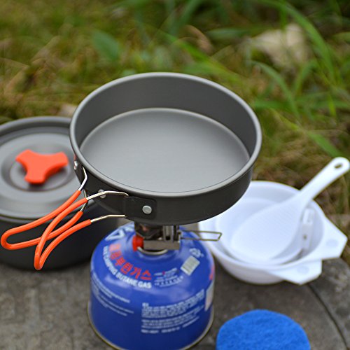Camping Kochgeschirr-Set Outdoor Geschirr- ODOLAND 8-teiliges Topf und Pfanne aus leichten Aluminium und Edelstahl-faltbare Löffel und Gabel Topf-Pfannenset für 1-2 Personen zum Camping Outdoor Wandern Picknick BBQ - 4