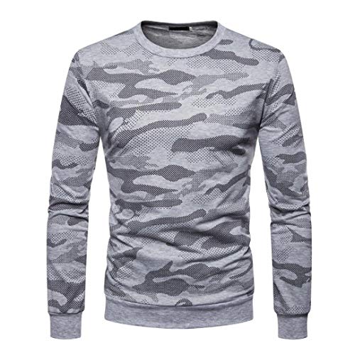 Preisvergleich Produktbild URSING Herren Cargo Pullover Sweatshirt Hoodie Sweater Camouflage Herbst Langarmshirt mit Rundhalskragen Basic Fitness Sport Gym Training Täglichen Crewneck Modern Longsleeve (Grau,M)