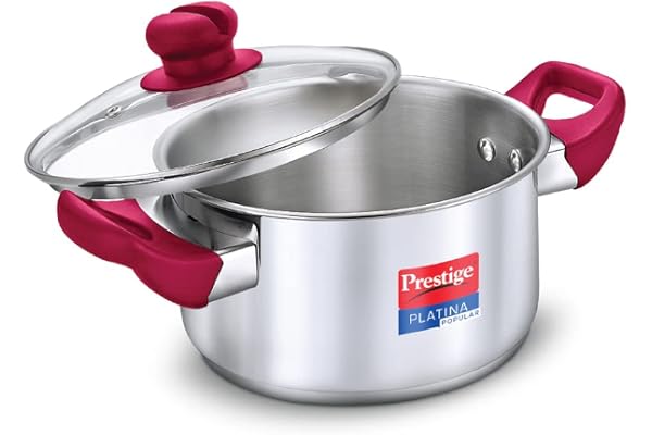 Prestige Platina Popular Stainless Steel Gas and Induction Compatible Casserole with Glass Lid, 200 mm, 3 Litre
