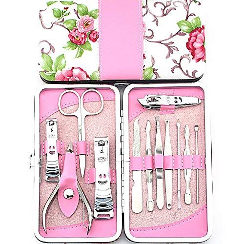 icase4u ® 12 in 1 atención personale di acciaio inox Bonita Rosa Tagliaunghie Manicure Pedicure Strumento per la pulizia del orecchie Ear Pick Set fiori rosa 