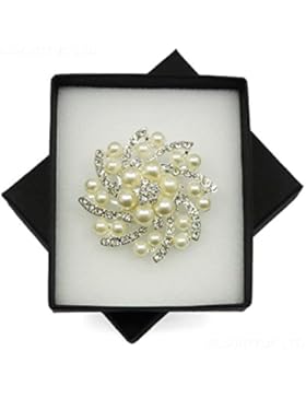 ELIXIR77UK Silber Blume Perle Anstecknadel Brosche Hochzeit Kristall IN SCHWARZ PRÄSENTATION BOX UK VERKÄUFER