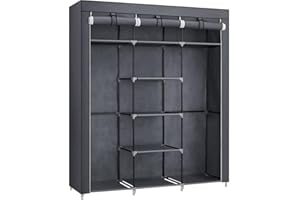 SONGMICS Armadio in Tessuto, Guardaroba Pieghevole con Barra di Sospensione, Appendiabiti, Scaffale per Borse, Giocattoli, Scarpe, Soggiorno, Camera da Letto, 150 x 45 x 175 cm, Grigio RYG12G