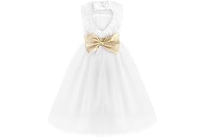 IEFIEL Enfant Fille Elégante Robe de Mariage Blanche Dos Coeur Noeud Papillon Organza Robe de Baptême Fête sans Manches 2-16 Ans
