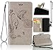 Produktbild Sunroyal Flip PU Leather Simple Gray Elegant Butterfly Flowers Embossed Patterned Stand Function Protective Cases Covers with Card Slot Holder Wallet Book Design Fordable Strap Case For Samsung Galaxy J1 Mini (2016) SM-J105 + 1X Free Silver Metal Stylus + 1 X Crystal Diamond High Heel Anti Dust Plug