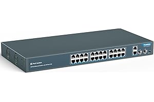 YuanLey 24 Port PoE Switch with 2 Gigabit Ethernet Uplink, 2 SFP Port, 400W PoE+ Port Support 802.3af/at, Unmanaged Network Switch with AI Watchdog, VLAN, Extend to 250m, Rackmount Plug and Play