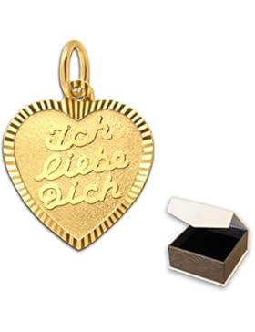 CLEVER SCHMUCK Goldener Anhänger Herz 13 mm matt mit Aufschrift Ich liebe dich Rand diamantiert glänzend 333 GOLD...