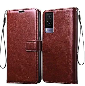 Frazil Vintage Leather Finish Flip Cover for Vivo V21e 5G | Inside Pockets & Inbuilt Stand | Wallet Style Back Case | Magnet Closure (Brown)