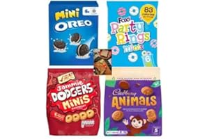 KITCHEN FELLA Lunch Box Snacks Mini Biscuits with Chocolate Sandwich Minis, Party Rings, Animal Freddo and Jammie Dodger Minis. Also includes Kitchenfella 'top 10 Treats for Movie Night'