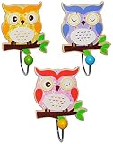 3 Stück: " Eule " - Garderobenhaken - aus Holz + Metall - für Innen und Außen - bunte Eulen Vögel Tiere - für Kinder / Mädchen & Jungen - Wandhaken Kindergarderobe mit 1 Kleiderhaken Kind Wandgarderobe