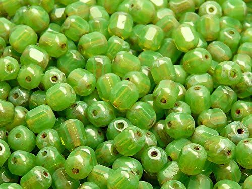 50 Pieces 6x4mm Cathedral Beads - Czech Glass Faceted Fire-Polished Beads in The Form of Olive, Opal Green Travertine Dark