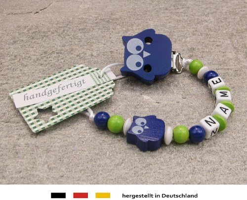 Personalised Baby DUMMY CLIP | Pacifier Holder with preffered name – premium boys motif dark blue owl | Beststeller from Germany