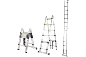 COOCHEER - Escalera telescópica de 5 m, Escalera de Aluminio, 2 en 1, Escalera Plegable, 150 kg, Capacidad de Carga (2,5 + 2,5 m 16 peldaños)