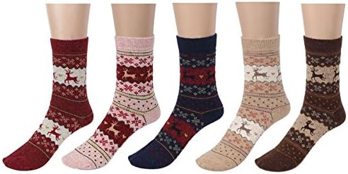 LHZY 5 Pack Womens Girls Winter Warm Cotton Wool Blend Knitted Socks,Cute Christmas Deer Design,Crew Socks Over Ankle