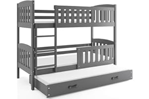 ‎INTERBEDS Interbeds Etagenbett Hochbett QUBA für DREI Kinder 200x90cm GRAU + Varianten, mit Lattenroste, Matratzen und Schublade (Grau + graue Schublade)