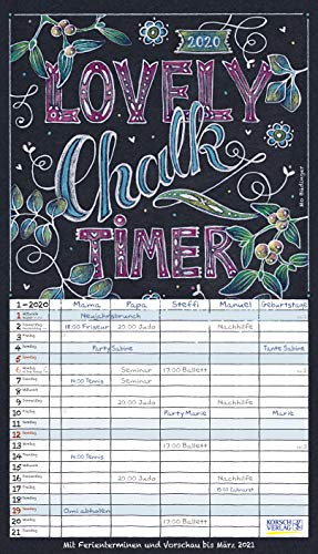Lovely Chalk Timer 2020: Familienplaner mit 5 breiten Spalten. Typo-Art Familienkalender mit Ferienterminen, Zusatzspalte, Vorschau und vielem mehr.
