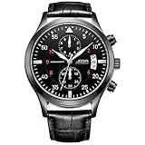JEDIR Herren Chronograph Quarzuhr Volles schwarzes Zifferblatt mit Zahlen Datumsanzeige Gehäuse aus Weichem Lederband (Schwarz)