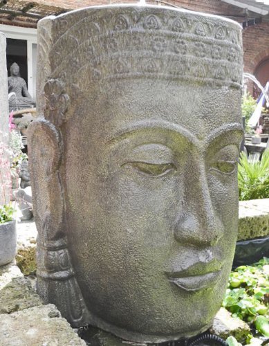 Wasserspiel Khmer Kopf, 84 cm hoch, Steinguss als Brunnen Buddha RARITÄT imposant