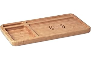 NOTRASH2003 Organiseur de bureau durable avec station de charge inductive en bambou et ABS - Avec câble de charge USB de 80 cm - Chargement sans fil pour smartphones Android et iOS - Chargeur sans fil 5 W