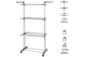THINFAR Séchoir à linge vertical et extensible, à 4 niveaux, avec roues, en acier inoxydable, parfait pour une utilisation en extérieur sur un balcon ou en intérieur, 75 x 64 x 170 cm, gris argenté