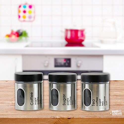 3pc Brushed Steel covered Glass storage jar set Tea Coffee Sugar