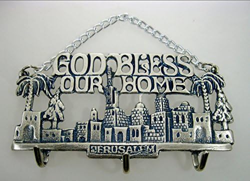 Home Blessing and Hooks, Coat Rack coat hanger Decorated with Jerusalem vista and English text: 'God Bless our Home', Gift from Jerusalem