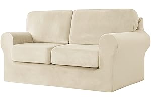 SYLC Sofa Cover with Separate Seat Cushions and Backrests Stretch Velvet Sofa Slipcover Couch Covers Furniture Protector Split Combined (Beige,Large 2 Seat Set 5 PCS)