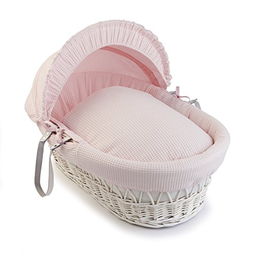 Waffle White Wicker Moses Basket - Pink