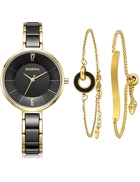 MAMONA Uhr fuer Frauen & Armband Geschenkeset Frauen Edelstahl/Keramikuhr Schwarz L3887BKGT