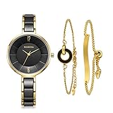 MAMONA Damen Uhr und Armband Set Analog Quarz mit Edelstahl und Keramik Armband Schwarz L3887BKGT