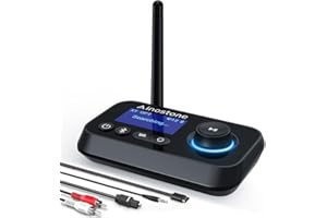Ainostone Nadajnik Bluetooth 5.0, odbiornik 3 w 1, adapter audio Bluetooth na 2 słuchawki, transmiter Bluetooth z Bypass, Low Latency, włącznik/wyłącznik LCD, wyświetlacz AUX, optyczny, RCA do