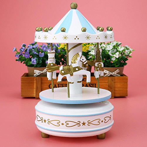 Peradix Spieldose Karussell Spieluhr mit Musik Dekoration Music Box Holz (Blau) - 4