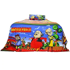 Indian Rack Junior Collection Motu Patlu 220 TC Premium Cotton Kids Single Bedsheet with 1 Pillow Case for Boys & Girls - Sateen Weave with Fast Color