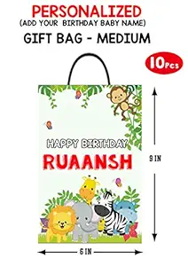 WoW Party Studio Personalized Jungle Animals Theme Happy Birthday Decorations Return Gift Bag with Birthday Boy/Girl Name - 10 Pcs