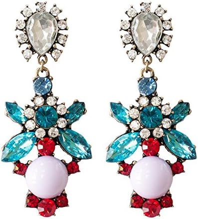 Adorning Ava Statement Floral Drop Chandelier Earrings with Pink Red and Blue Jewel Rhinestones