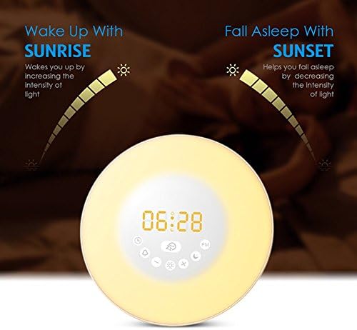 yipinco7285 Sunrise LED Alarm Clock with FM Radio Nature Sounds Snooze function Clock 7 Colors Wake Up Table Lamp size UK Plug