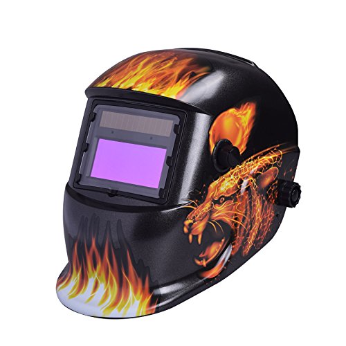 Preisvergleich Produktbild nuzamas solarbetrieben Schweißschutzschild Maske Schweißen Face Schutz für Arc Tig Mig Schleifen Plasma Schneiden mit verstellbarem Shade-Reihe DIN4 / 9-13 UV / IV Schutz DIN16 Leopard und Fire