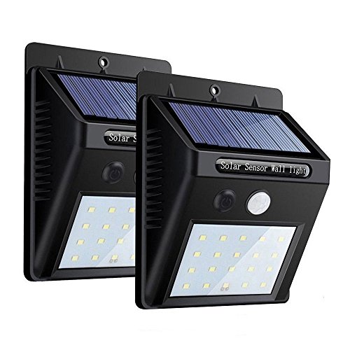 2Pack 20 LEDs Luces Solares para Exteriors, Luces de Movimiento Super Brillantes 3 Modos con Iluminación Gran Angular, Luces de Seguridad Inalámbricas Impermeables para Pared,Calzada,Patio